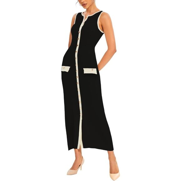 Dresses & Skirts - Womens Sleeveless Knit Maxi Dress Ribbed Bodycon Elegant Button Down Summer